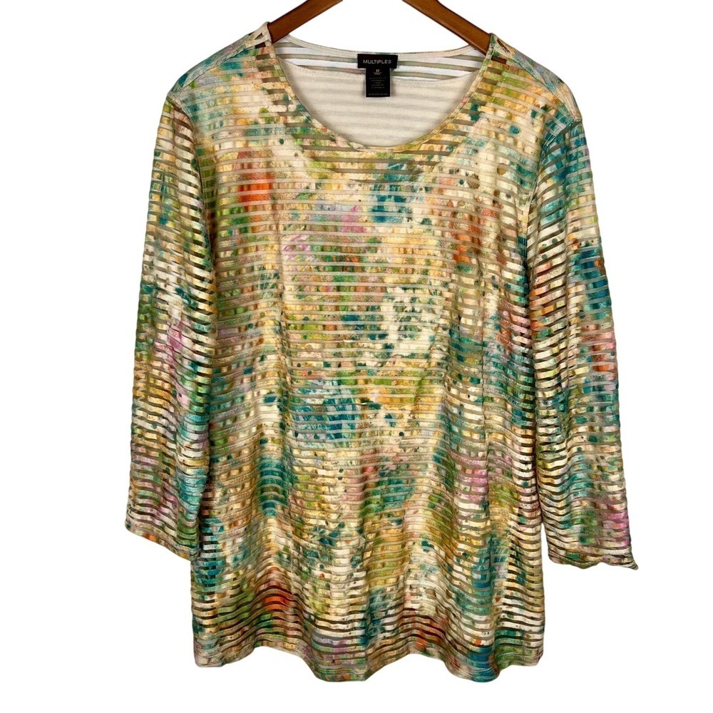 Multiples Womens 1X Top Velvet Burnout Nature Watercolor Sheer Stripe 3/4 Sleeve